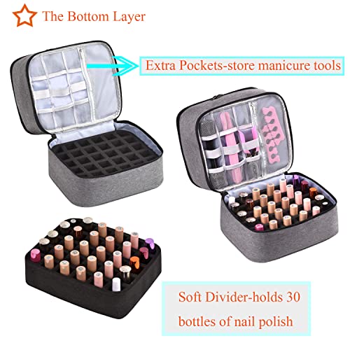 Nail Polish Organizer Holds 30 Bottles (15ml) and 1 Nail Light Nail Polish Carrying Case with Storage Pockets for Manicure Tools Double Layer Nail Polish Storage Travel Bag with Handle (A-Gray) - color: A-Gray