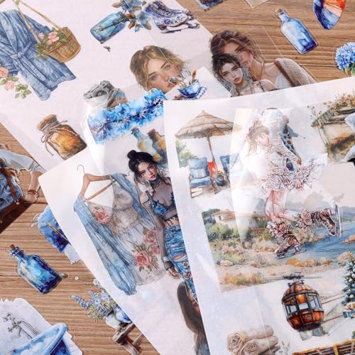 Scrapbooking Stickers 20 Sheets Pre-Cut 200 washi Stickers PET People Sticker Books for journaling Scrapbook Supplies Transparent Journal Sticker - color: Blu