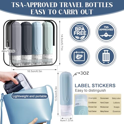 Travel Bottles for Toiletries, 3oz TSA Approved Travel Size Toiletries, Silicone Leak-Proof Refillable Containers, Squeezable Liquid Essentials Bottles W/Clear Bag (GRAY) - color: GRAY