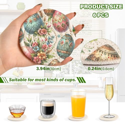 Watercolor Vintage Easter Drink Coasters Set - 6 Pcs Minimalist Woven Coasters with Holder for Home Decor, 3.94 Inch Absorbent Coasters for Drinks - color: D30