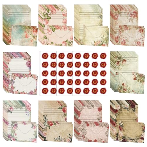 160 Pcs Stationery Set with Envelopes, 50 A5 Sheets of Stationery (10 Designs) with 50 Envelopes and 60 Stickers, Letter Writing Stationery for Home, Office, School, Set G - color: Vintage floral stationery