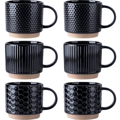 GBhome 12 OZ Stackable Coffee Mugs Set of 6, Ceramic Black Coffee Cups Set - color: Black, size: 12 Ounce(6PCS)