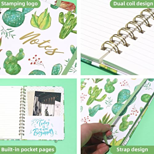 Cute Spiral Journal Planner, A5 Hardcover Lined Writing Journals for Women - color: Green Cactus