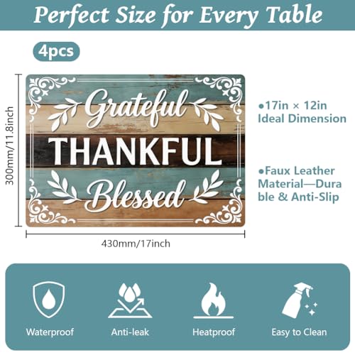Peacoblue Placemats Set of 4,Faux Leather Thankful Blessed Board Design - style: Thankful Grateful Blessed Board