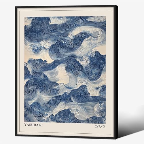 Japanese Blue Waves Wall Art Vintage Oriental Japandi Wabi Sabi Poster 08x10 inch Black Framed Abstract Giant Waves Canvas Prints for Minimalist Living Room Wall Decor - color: Trendy 3-BFramed, size: 10"L x 8"W
