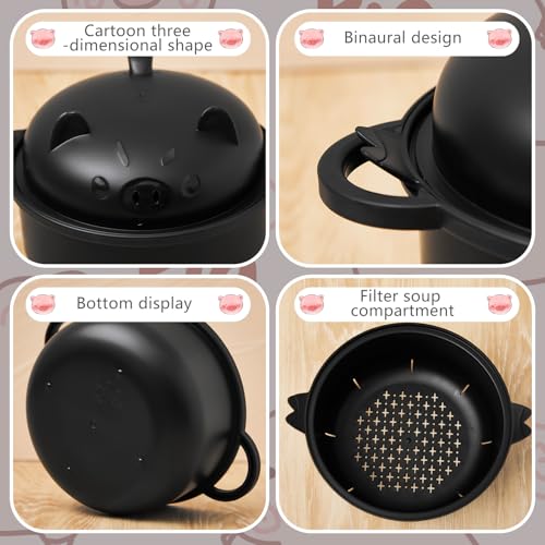 1 Set Large 45oz Cute Pig Ramen Bowl Set Microwavable Cooker, Black - color: Black