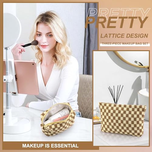 EIMMBD Makeup Bag 3 Pieces Large Capacity Checkered Cosmetic Bags Travel Toiletry Bag Organizer Cute Makeup Pouch Storage for Women(Brown) - color: Brown