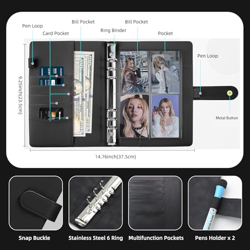 A5 Kpop Photocard Binder, 6 Ring Binder Collector’s Album with 240 Card Slots, PU Leather Cover for Organizing K-Pop, Trading Cards, Game Cards & Memorabilia (Black) - color: Black