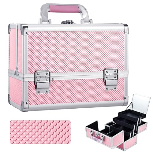Joligrace 3-Tray Makeup Case with Mirror & Brush Holder, 11.6" Mermaid Pink - color: Pink Mermaid