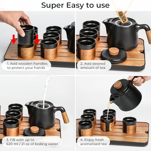MIAMIO - Japanese/Chinese Tea Set 6 x 3.4 oz/Asian Tea Pot 21 oz with Tea Infuser, Traditional Japanese Tea Cups Set for Tea Lovers/Men/Women (Black) - color: Black