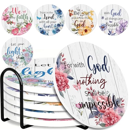 Christian Bible Verse Coasters Set of 6, Religious Round Ceramic Cup Coasters with Holder, Drink Absorbent Cork Base Table Desk Protection, Christian Home Decor Christmas Housewarming Gifts - color: Bible Verse Flower