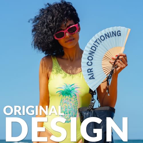 Fisura – Original folding fan with message “Air Conditioning”. Wooden handheld fan for women. Lightweight accessory for raves, weddings, parties, birthdays, festivals and unique gift ideas. - color: Air Condiditioning, Blue