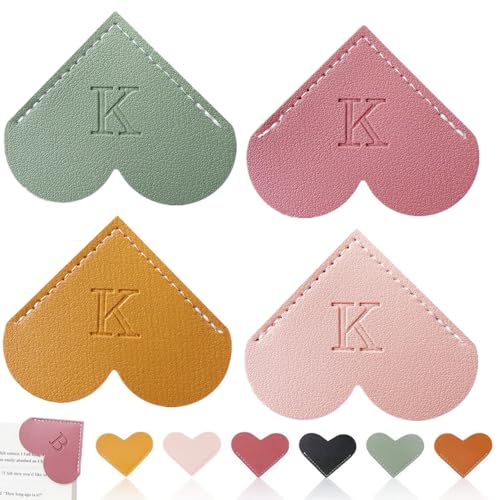 Personalized Leather Heart Bookmark, 26 Letters Customized Corner Book Mark for Reading Women, Book Marker with Initials，Cute Gifts (Light Pink+Deep Pink+Green+Light Brown, K) - color: Light Pink+deep Pink+green+light Brown, size: K