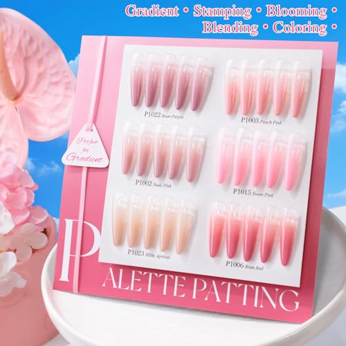 Double Rhythm Painting Gel Polish Set for Nail Art Palette Patting Gel Polish 6 Colors with 100 Pcs Sponges and Grabbing Pen (Nude Pink Purple Rose-T6-65) - color: Nude Pink Beige