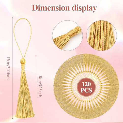 NACHLYNN 120 Pcs Bookmark Tassels Bulk 13cm/5 Inch Silky Handmade Soft Craft Mini Tassels for Jewelry Keychain Making with Loops for Dress Decoration DIY Craft Accessory (Gold) - color: Gold