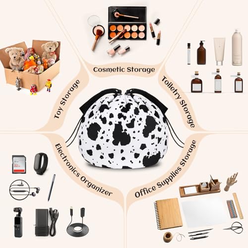 Funny Cow Print Drawstring Makeup Bag, Travel Toiletry Cosmetic Organizer - color: B-Cow-Blackwhite