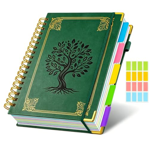 Hardcover Spiral Notebook Journal with Removable Dividers Tabs, 5 Subject Notebooks for Work School, 300 pages 8"x10" B5 leather Journal College Ruled, Cute Journal for women, Green - color: Green