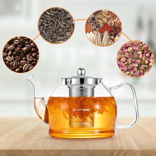 STNTUS Glass Teapot With Infuser, 27 oz / 800 ml for Loose Tea, Stainless Steel Strainer Teapots, Stovetop Safe - size: 800ml/27oz