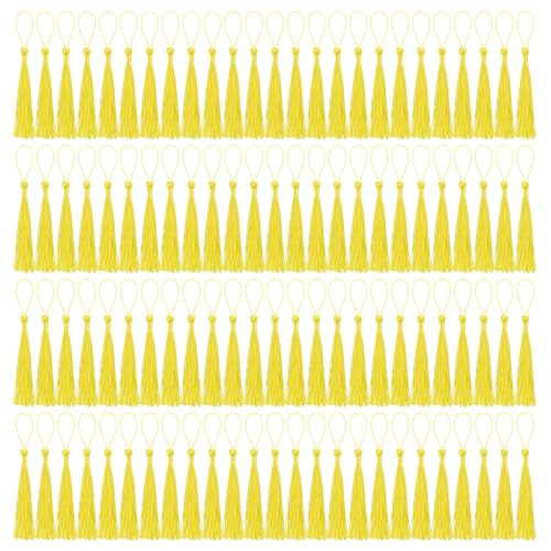 100 Pcs Bookmark Tassels Bulk Yellow Soft Craft Silky Handmade Mini Tassels for Jewelry Making with Loops for DIY Craft Accessory Dress Decoration - color: Yellow