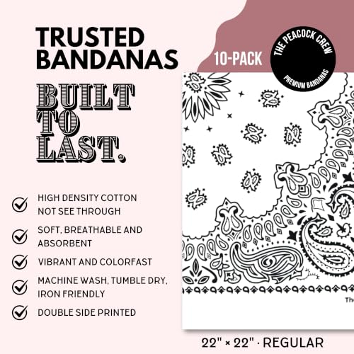 The Peacock Crew Premium Soft Cotton Bandanas Pack for Men and Women Paisley 22 x 22 inches - color: Pack of 10 Pure White