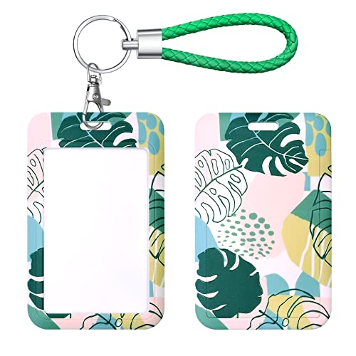ID Card Badge Holder Key Chain with Metal Keyring, Plastic Slide Open with ID Window for Women Men Girls Students,Green Plant 5 Leaves - color: 5 Lesves