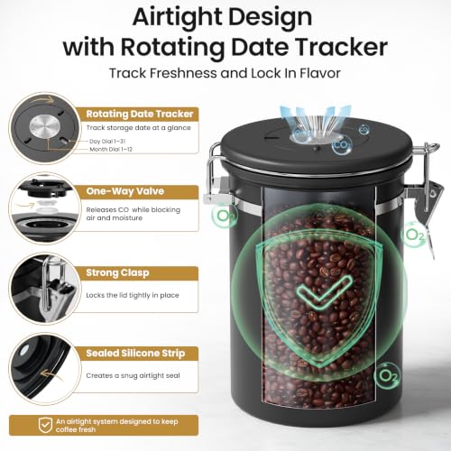 Veken Coffee Canister with Window, Airtight Stainless Steel Container, 22OZ - color: Black, size: 22 oz