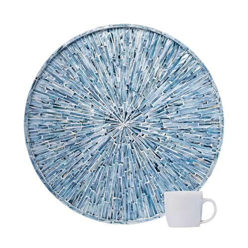 PEMAR 22" Round Mother of Pearl Extra Large Ottoman Tray with Raised Edge, Oversized Decorative Luxury Wooden Serving Tray for Food, Coffee Table, Breakfast in Bed (Blue Sunlight) - color: Blue Sunlight