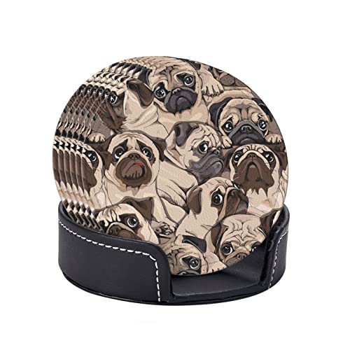 6 Pcs Leather Coasters for Drinks with Holder Humor Pugs Dogs Coaster Sets Drink Table Cup Coasters for Kitchen Coffee Decor - color: Humor Pug Dogs