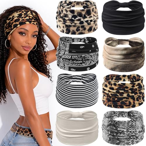 Awumbuk Wide Headbands for Women Knotted Non Slip, Soft Moisture Wicking Head Bands for Workout Sports Yoga 8 Pack - color: Leopard print gray