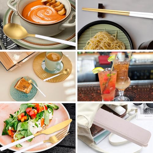 AARainbow 8 Pieces Stainless Steel Flatware Set Portable Reusable Cutlery Set Travel Utensils Set Including Chopsticks Knife Fork Spoon Straws Cleaning Brush Dishwasher Safe (B-White Golden) - color: B-White Golden