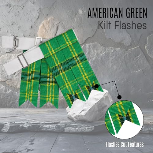 EZE Kilt Flashes for Men with Heavy Buckle Adjusters, Plain & Tartan Kilt Sock Flashes Acrylic Wool - color: American Green