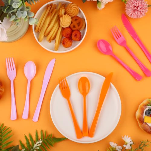 Kochorie 300 Pcs Pink and Orange Plastic Silverware, Heavy Duty Cutlery Set - color: Pink and Orange
