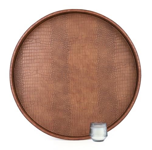 HofferRuffer Large Round Serving Tray 24'', Elegant Faux Leather Circle Ottoman Table Tray, Serve Tea Coffee Breakfast in Bedroom Living Room Kitchen (Antique Brown, 24'') - color: Antique Brown, size: 24"