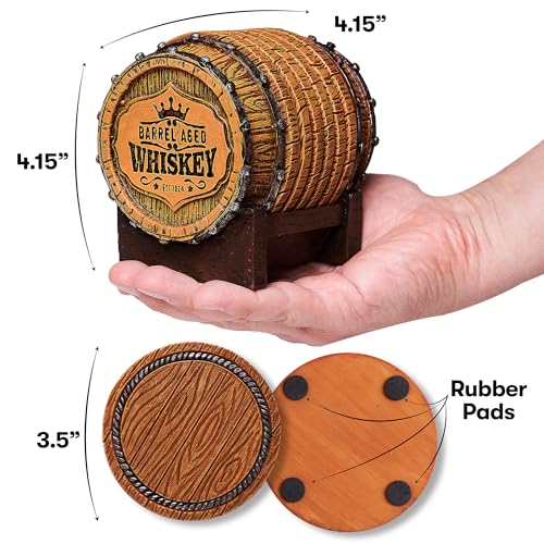 Cabin Obsession Whiskey Barrel Coaster Set – Handcrafted Whiskey Barrel Decor for Whiskey Lovers and Man Cave Gifts for Men - 6 Full Size Whiskey Coasters with Barrel Style Holder for Man Cave Décor - style: Whiskey Coasters