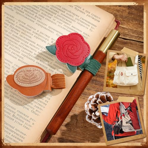 2PCS Magnetic Bookmarks with Pen Clip, Leather Bookmarks for Women, Magnetic Pen Holder Book Accessories - style: Rose & Coffee