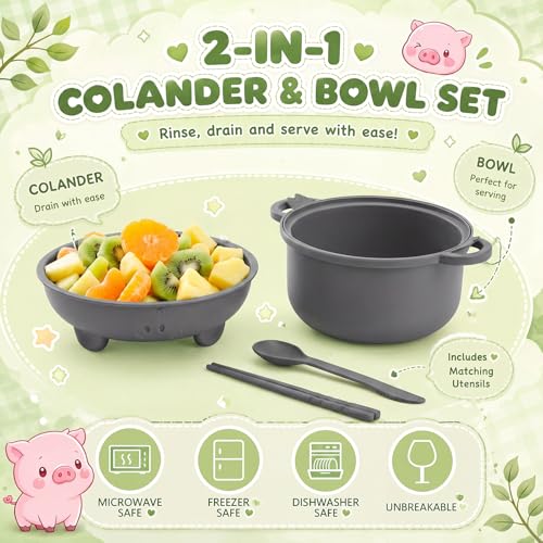 1 Set Large 45oz Cute Pig Ramen Bowl Set Microwavable, Gray - color: Gray