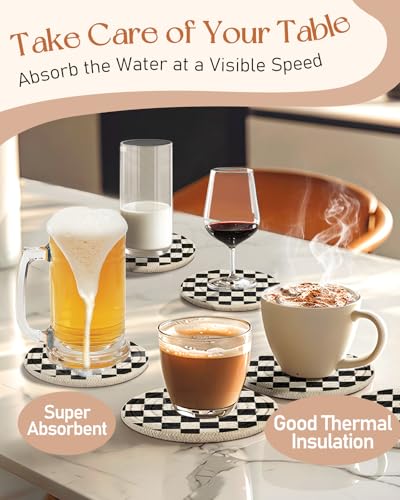 Absorbent Cup Coasters Set of 6 with Holder, Check Pattern - color: Check Pattern