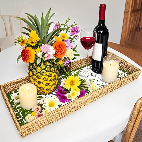 i-lan Rectangular Rattan Tray with Mother of Pearl Inlay，Rattan Bathroom Vanity Trays Long Narrow Toilet Tank Flat Basket,Decorative Hand Towel Storage Basket (Green Leaf)