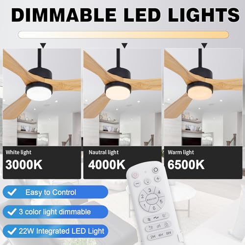 52" Natural Ceiling Fan with Lights Remote Control - color: Natural wood ceiling fan