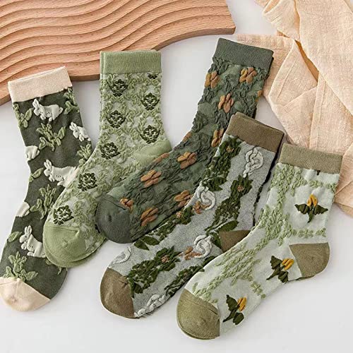 DXYAKY 5 Pairs Womens Floral Cotton Socks Vintage Patterned Crew Socks Novelty Ankle Ruffled Warm Casual Dress Socks - color: 5 Pairs - Green