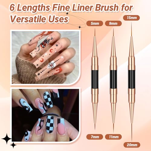 Double-Ended Acrylic Nail Art Liner Brushes, 6Pcs Gel Polish Nail Art Design Pen Painting Tools Set For Nails, Dotting Drawing Tool Polygel Brush for Long Lines, Thin Details, Fine Drawing (Black) - color: Black