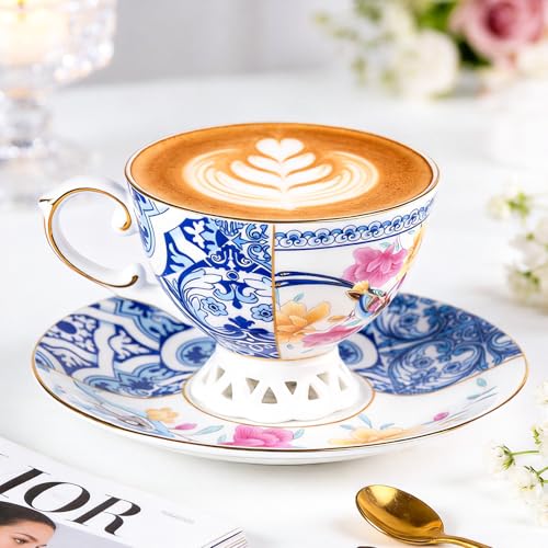 KAMMAK Tea Cups and Saucers Set of 2, Fine Bone China Coffee Cups, GH011 - size: 8KPGH011