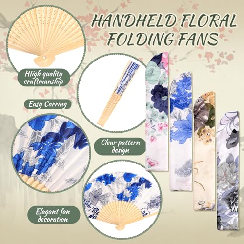 Zonon 4 Pack Hand Held Folding Fans for Women Silk,Elegant Flowers - style: Elegant Flowers