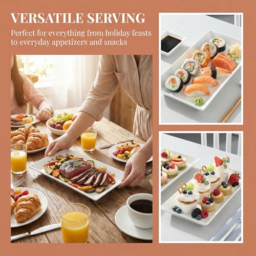 12" Serving Platters Set of 4, White Rectangular Plates, Ceramic Serving Tray, Stackable Large Party Plates for Appetizer, Dessert, Steak, Sushi, Housewarming Gift, Oven Dishwasher Safe - color: White 1