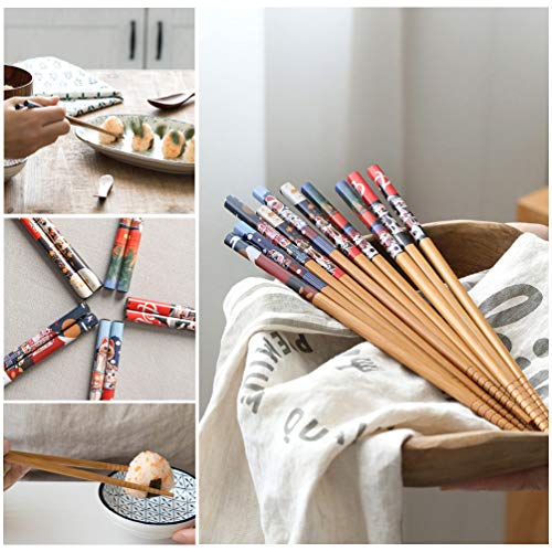 5-Pair Bamboo Chopsticks Set with 5 Ceramic Lucky Cat Rests, Gift Set