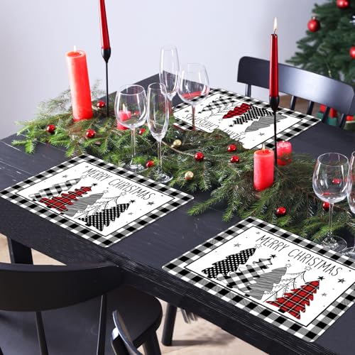 Christmas Placemats Set of 6 Xmas Trees Plastic Table Mat 17×13×0.04in - style: Christmas Black White Tree