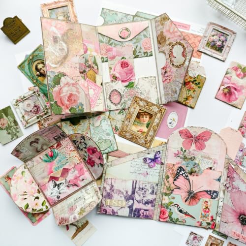 ZHIJIANHZ Junk Journal Kit Pink Romantic Ephemera Set for Scrapbooking - color: Reverie_Romance