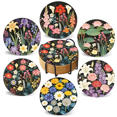 Flower Arrangement Coasters for Drinks with Holder Set of 6, Floral Absorbent Cork Coaster for Cup Desk Office Table Kitchen Decor House Warming Gifts for New Home Couples, Round 4" - color: Flower