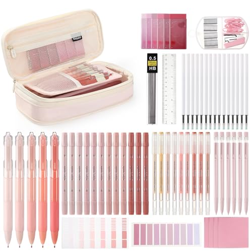 Eersida 74 Pcs School Supplies Set with Pencil Pouch, Pink, Cute Style - color: Pink, style: Cute Style