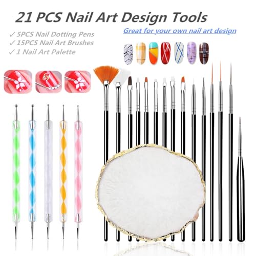 FULINJOY 21Pcs Nail Art Design Tool Kits - 1 Resin Nail Art Palette, 5 Nail Art Dotting Pens, 15 Nail Art Brushes, Nail Polish Mixing Palette Double-Ended Dotting Pen Nail Liner Nail Drawing Brushes